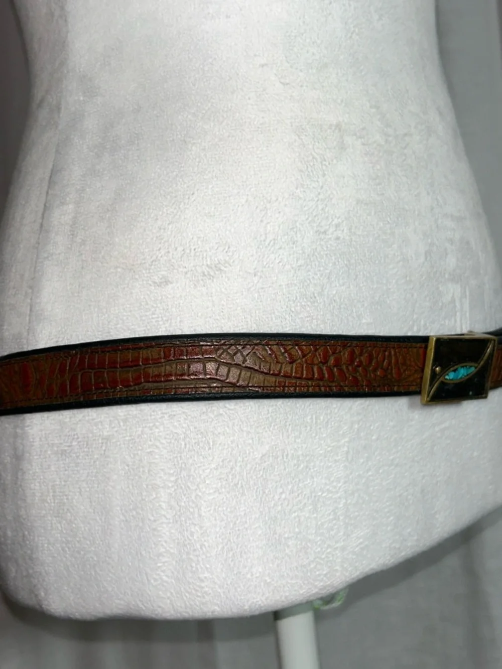 Brown Leather Belt with Turquoise-Inlay Rectangular Buckle